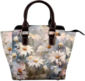 Leather Shoulder Bag for Women, Daisy Floral Studded Purse Watercolor Flower Crossbody Handbags Punk Hobo Bag with Adjustable Strap