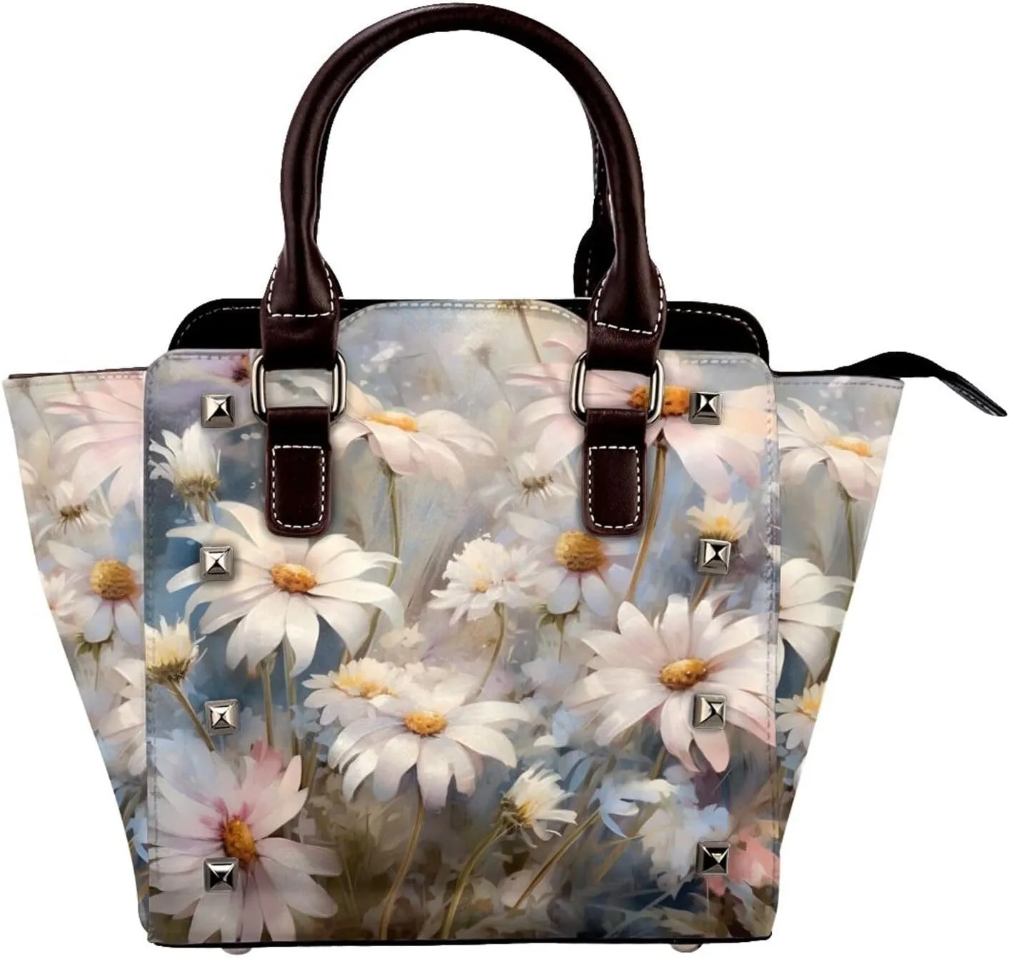 Leather Shoulder Bag for Women, Daisy Floral Studded Purse Watercolor Flower Crossbody Handbags Punk Hobo Bag with Adjustable Strap