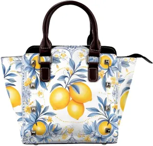 Leather Shoulder Bag for Women, Lemons Sicily Studded Purse Summer Fruit Crossbody Handbags Punk Hobo Bag with Adjustable Strap