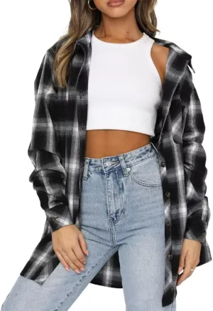 LEEDYA Womens Flannel Buffalo Print Shirts Casual Long Sleeve Button Down Blouses Loose Tunic Tops