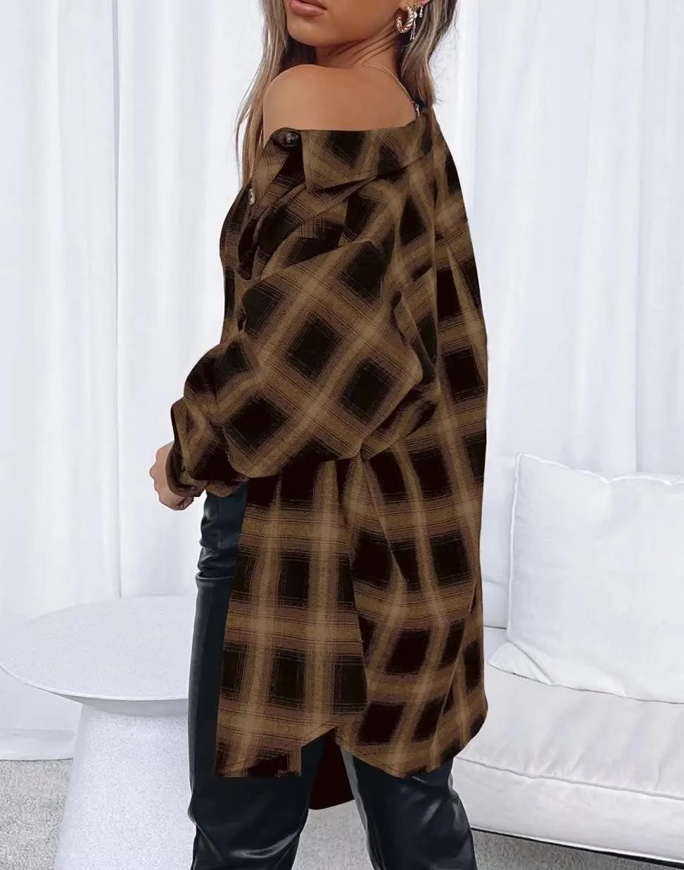 LEEDYA Womens Flannel Buffalo Print Shirts Casual Long Sleeve Button Down Blouses Loose Tunic Tops