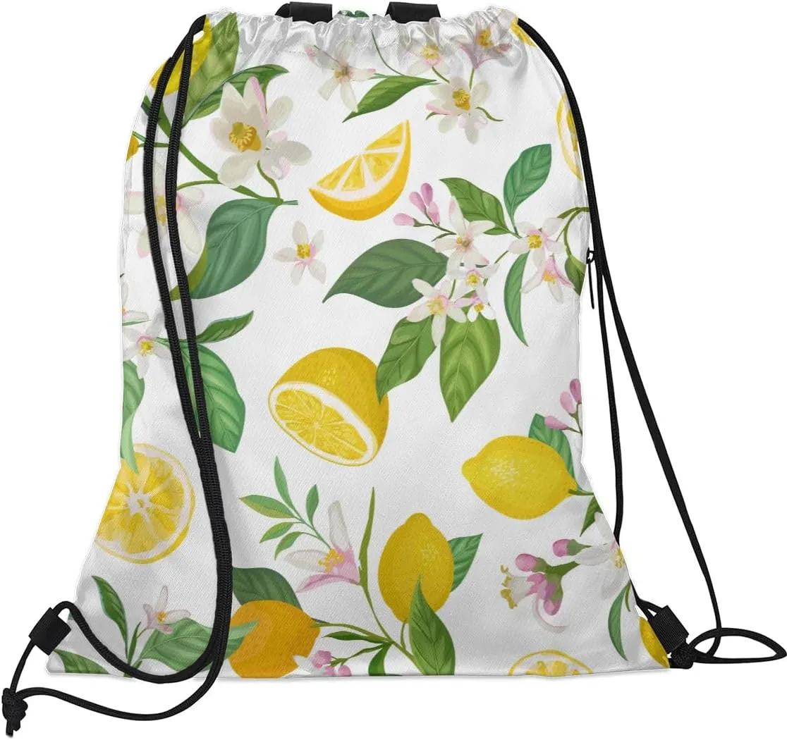 Lemons Pattern Drawstring Backpack Sports Gym Bag for Men Women Draw String Polyester Sackpack Reflective String Bags Cinch Bag with Zipper Pockets and Mesh Pockets