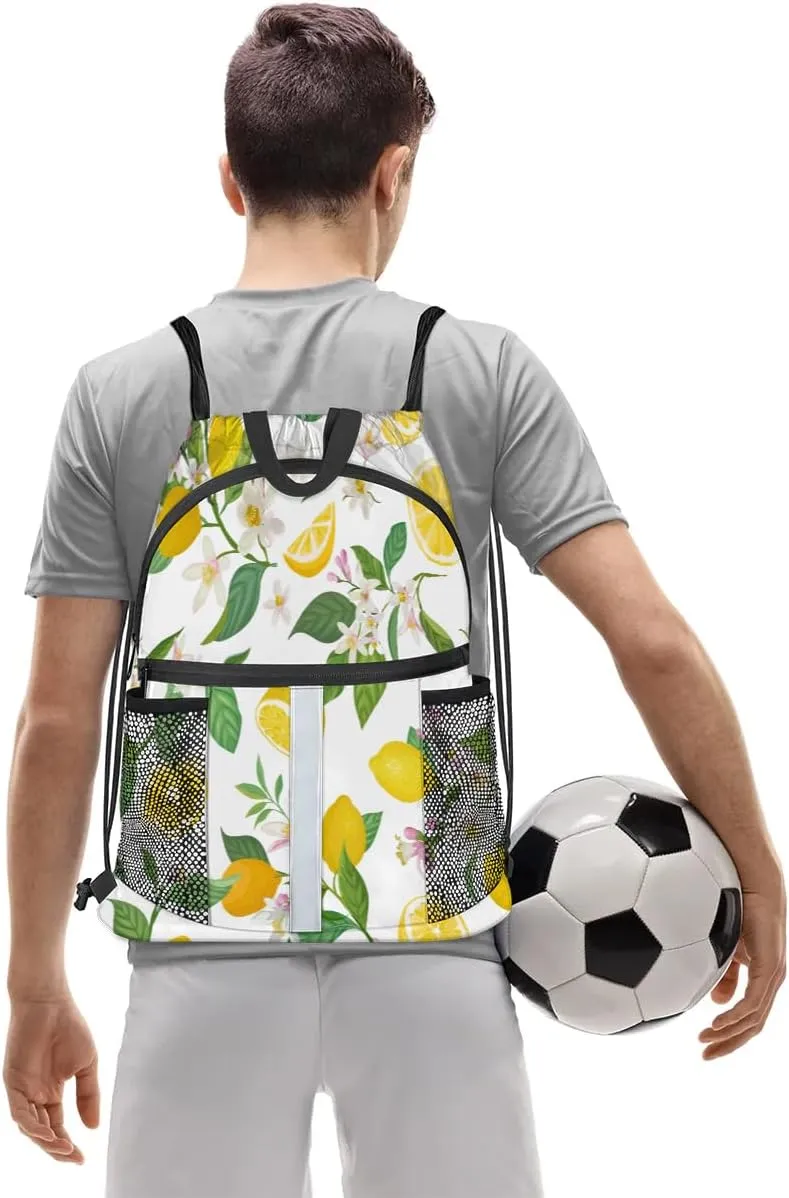 Lemons Pattern Drawstring Backpack Sports Gym Bag for Men Women Draw String Polyester Sackpack Reflective String Bags Cinch Bag with Zipper Pockets and Mesh Pockets