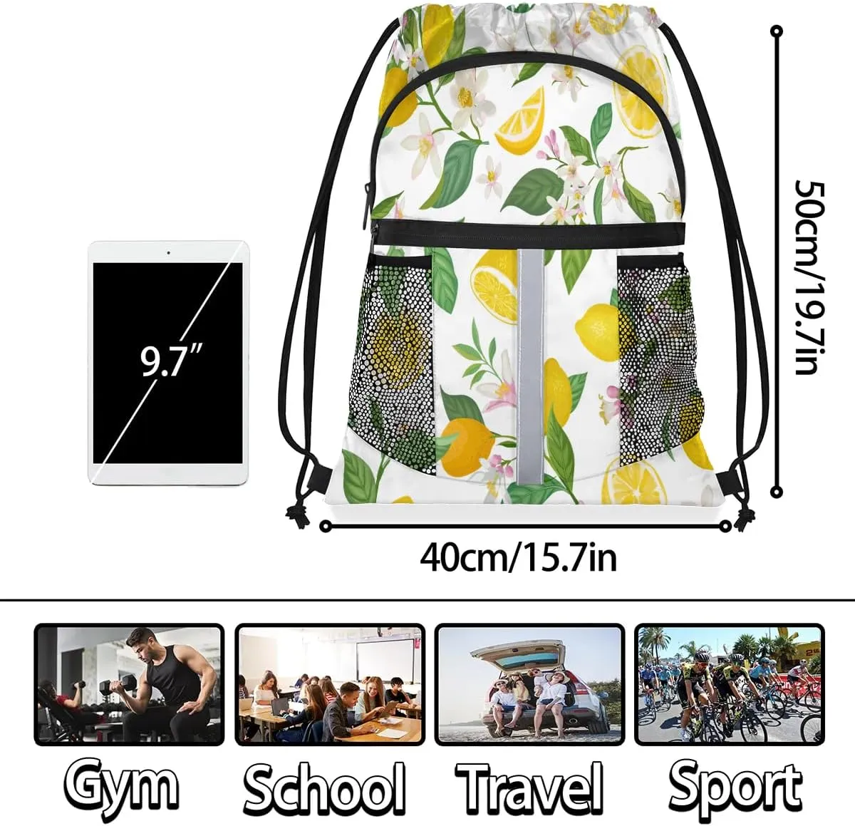 Lemons Pattern Drawstring Backpack Sports Gym Bag for Men Women Draw String Polyester Sackpack Reflective String Bags Cinch Bag with Zipper Pockets and Mesh Pockets