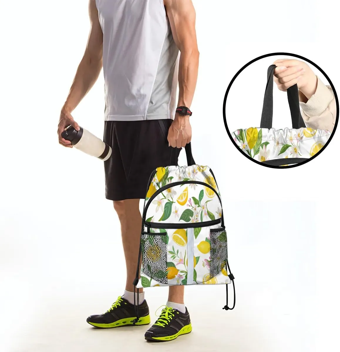 Lemons Pattern Drawstring Backpack Sports Gym Bag for Men Women Draw String Polyester Sackpack Reflective String Bags Cinch Bag with Zipper Pockets and Mesh Pockets