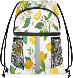 Lemons Pattern Drawstring Backpack Sports Gym Bag for Men Women Draw String Polyester Sackpack Reflective String Bags Cinch Bag with Zipper Pockets and Mesh Pockets