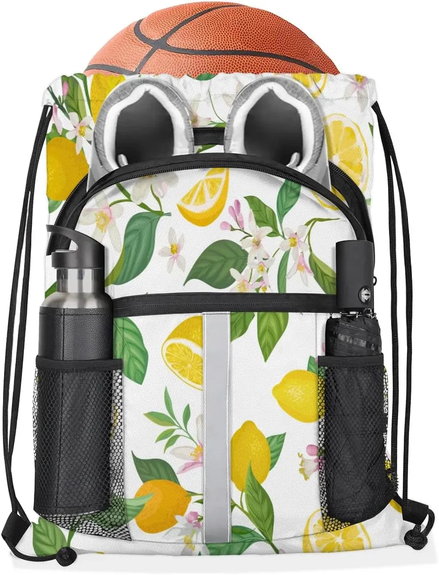 Lemons Pattern Drawstring Backpack Sports Gym Bag for Men Women Draw String Polyester Sackpack Reflective String Bags Cinch Bag with Zipper Pockets and Mesh Pockets