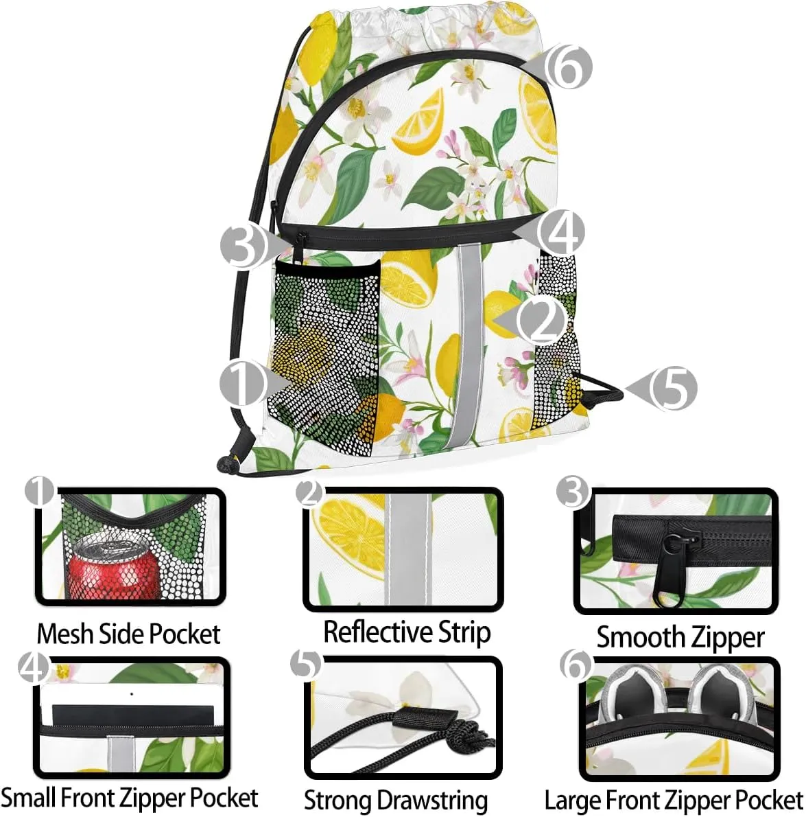 Lemons Pattern Drawstring Backpack Sports Gym Bag for Men Women Draw String Polyester Sackpack Reflective String Bags Cinch Bag with Zipper Pockets and Mesh Pockets