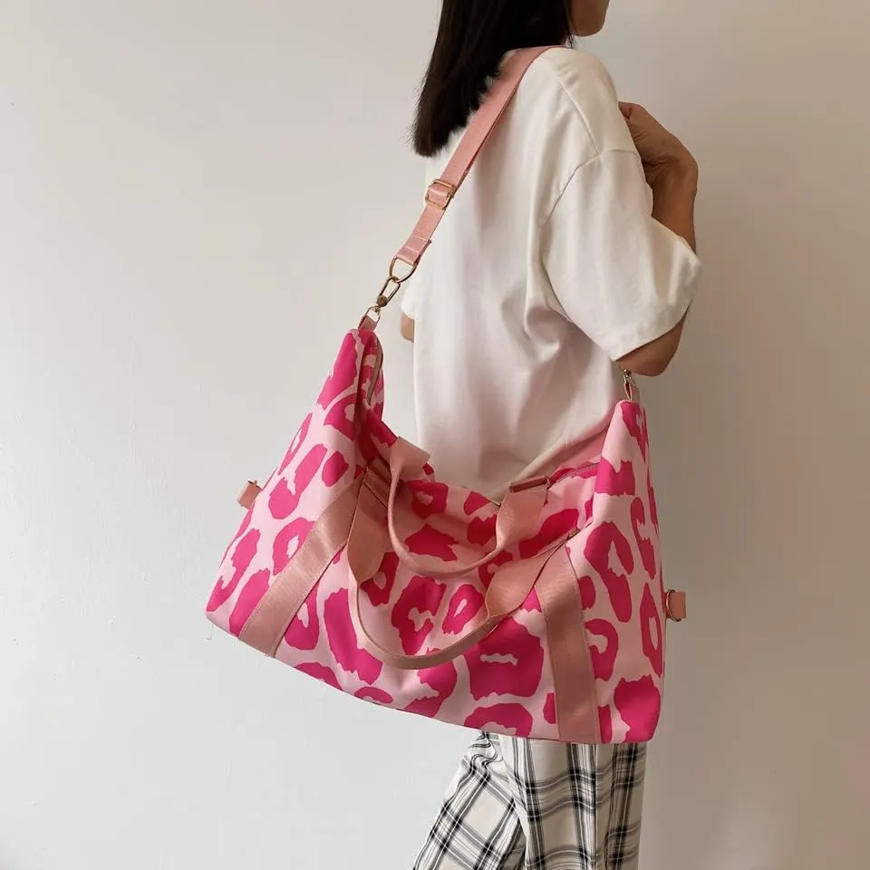 Leopard Print Weekender Tote Bag Gym Duffle Bag for Women Travel Overnight Bag Teacher Bag With Shoulder Strap (Black), Pink