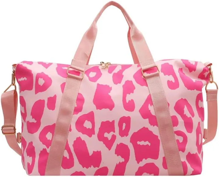 Leopard Print Weekender Tote Bag Gym Duffle Bag for Women Travel Overnight Bag Teacher Bag With Shoulder Strap (Black), Pink