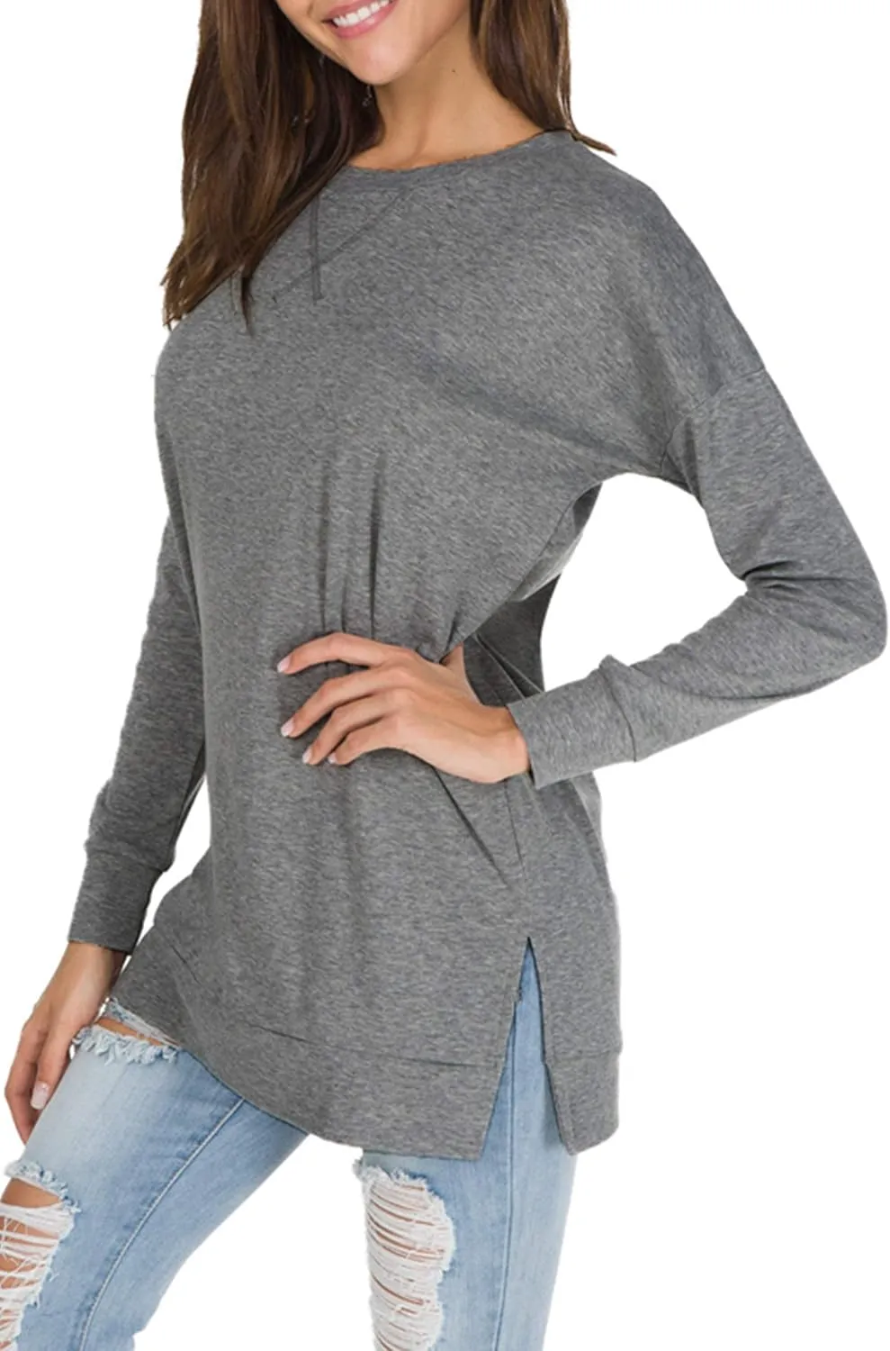 levaca Women's Fall Long Sleeve Side Split Loose Blouses Casual Pullover Tunic Tops