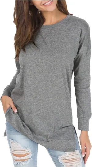 levaca Women's Fall Long Sleeve Side Split Loose Blouses Casual Pullover Tunic Tops