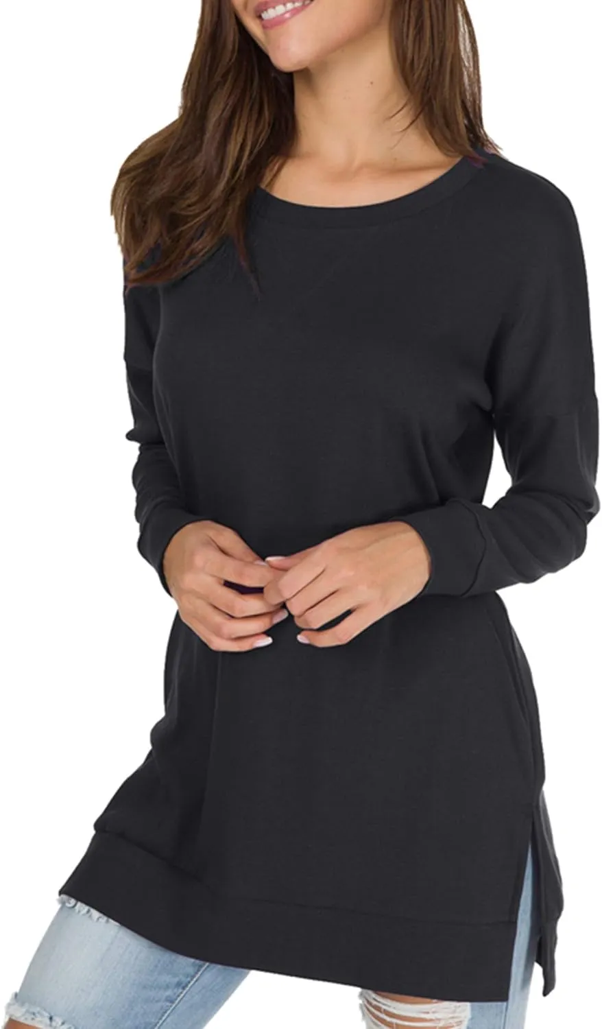 levaca Women's Fall Long Sleeve Side Split Loose Blouses Casual Pullover Tunic Tops