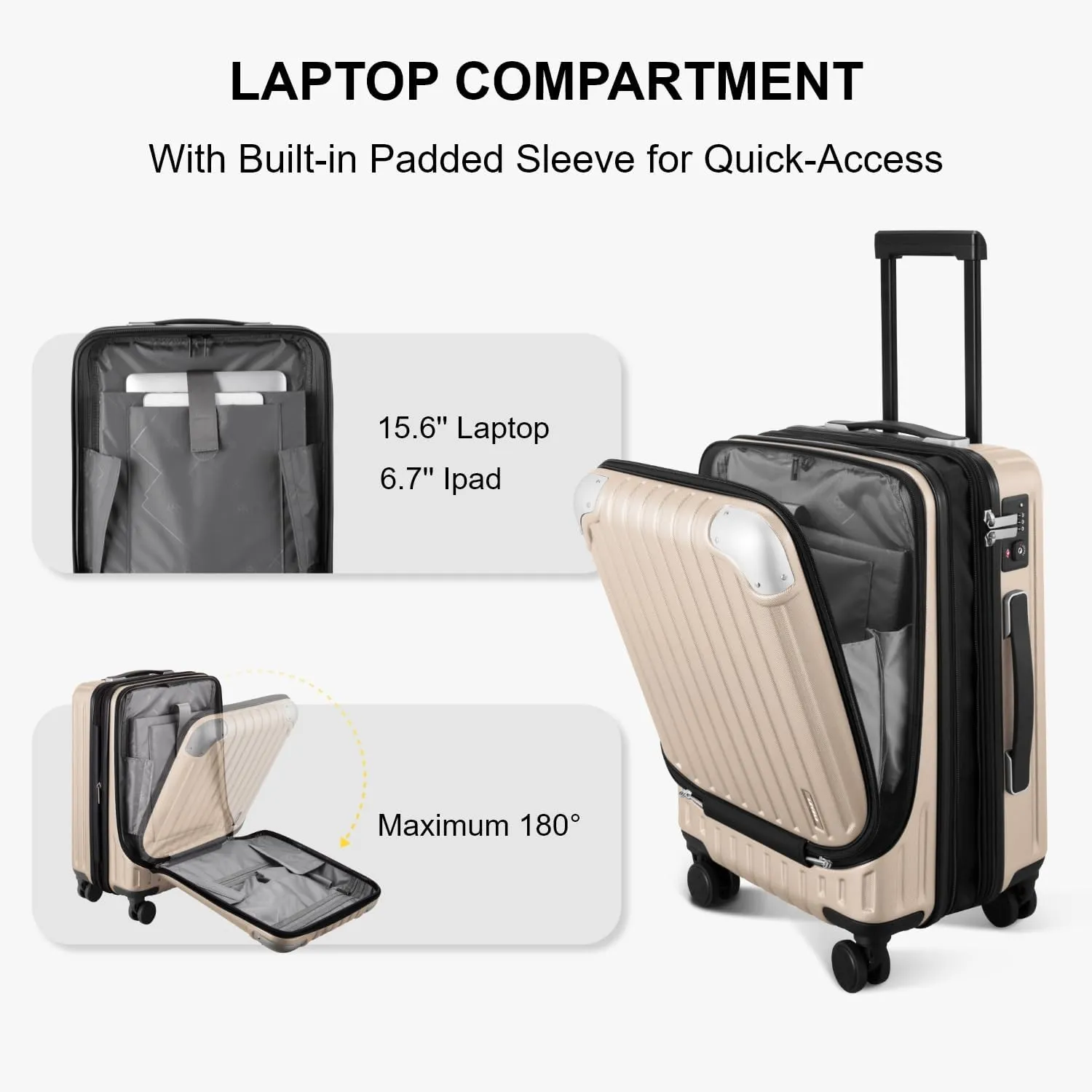 LEVEL8 Grace Carry on Luggage with Front Compartment, 20 Inch Expandable Hardside Suitcases with Wheels, Abs Pc Harshell Spinner Luggages with Tsa Lock, Travel Bag for Women Men, Champagne