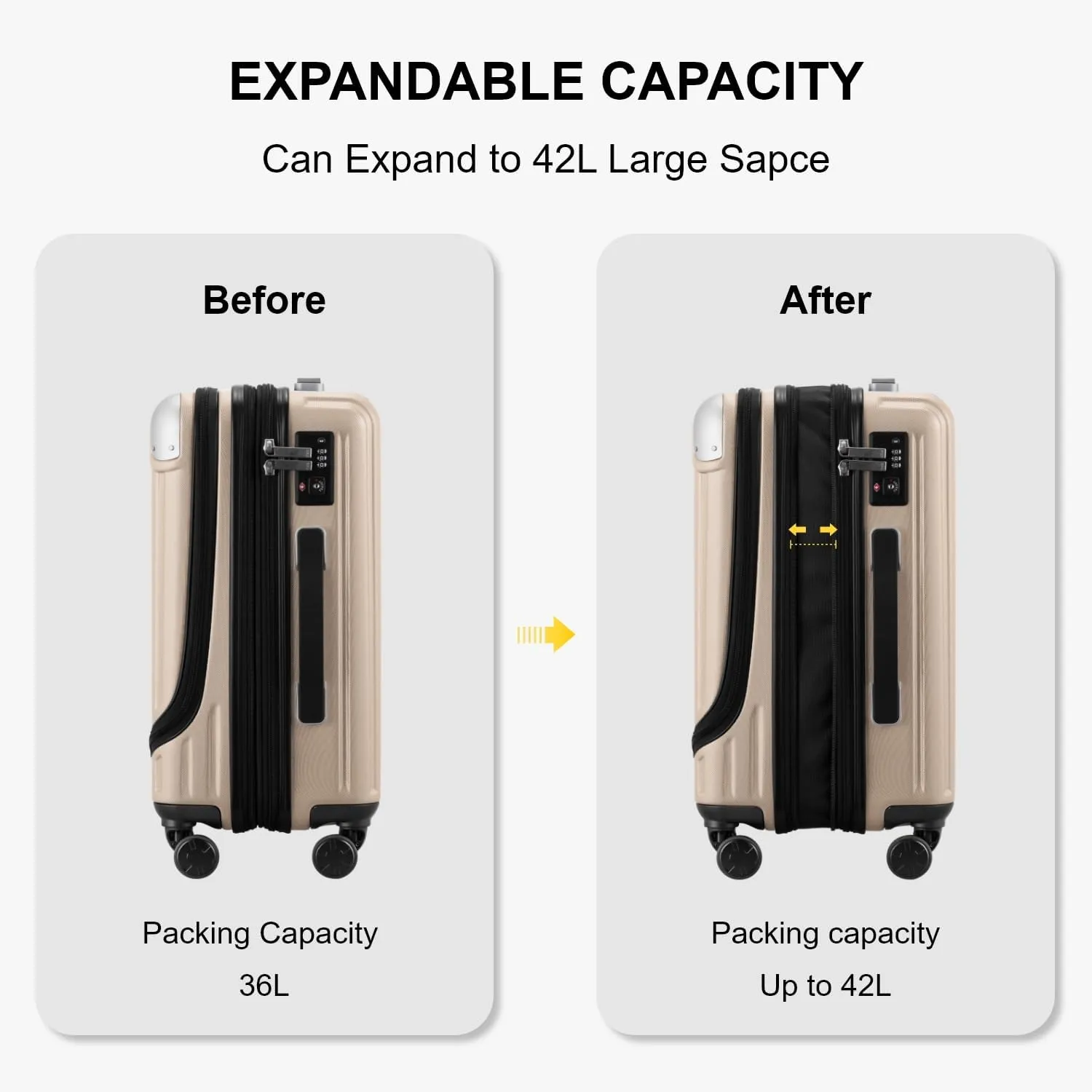 LEVEL8 Grace Carry on Luggage with Front Compartment, 20 Inch Expandable Hardside Suitcases with Wheels, Abs Pc Harshell Spinner Luggages with Tsa Lock, Travel Bag for Women Men, Champagne