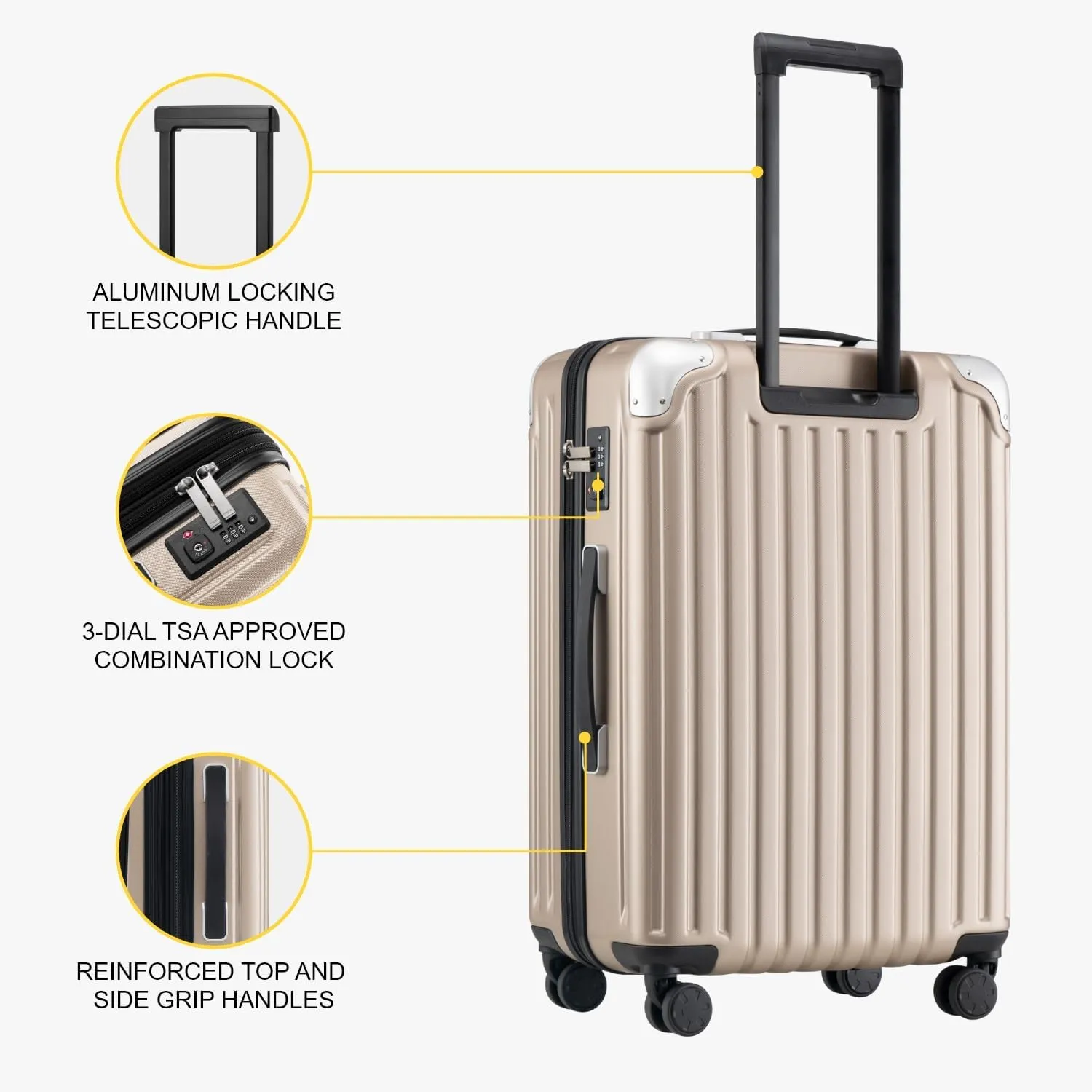 LEVEL8 Grace Carry on Luggage with Front Compartment, 20 Inch Expandable Hardside Suitcases with Wheels, Abs Pc Harshell Spinner Luggages with Tsa Lock, Travel Bag for Women Men, Champagne