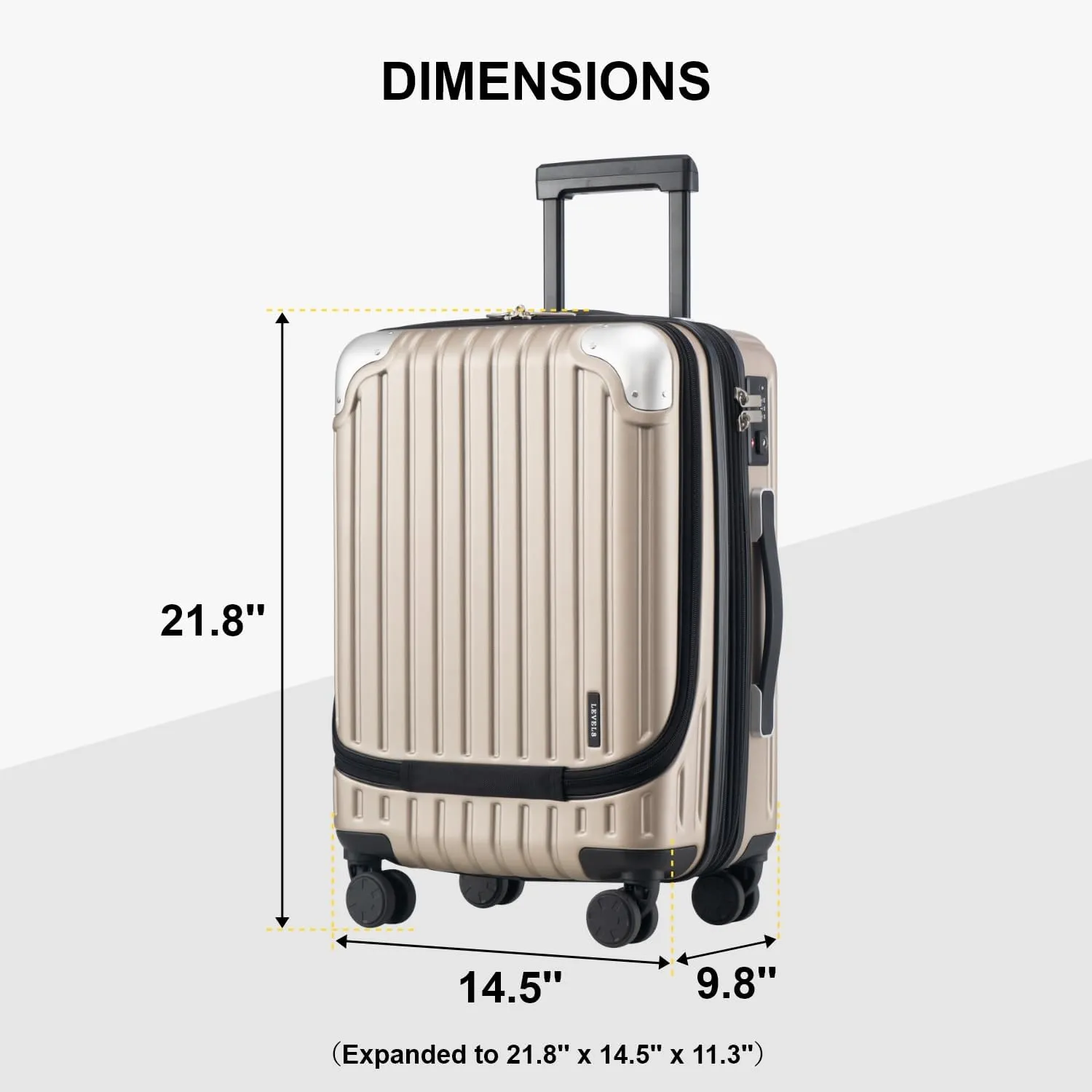 LEVEL8 Grace Carry on Luggage with Front Compartment, 20 Inch Expandable Hardside Suitcases with Wheels, Abs Pc Harshell Spinner Luggages with Tsa Lock, Travel Bag for Women Men, Champagne