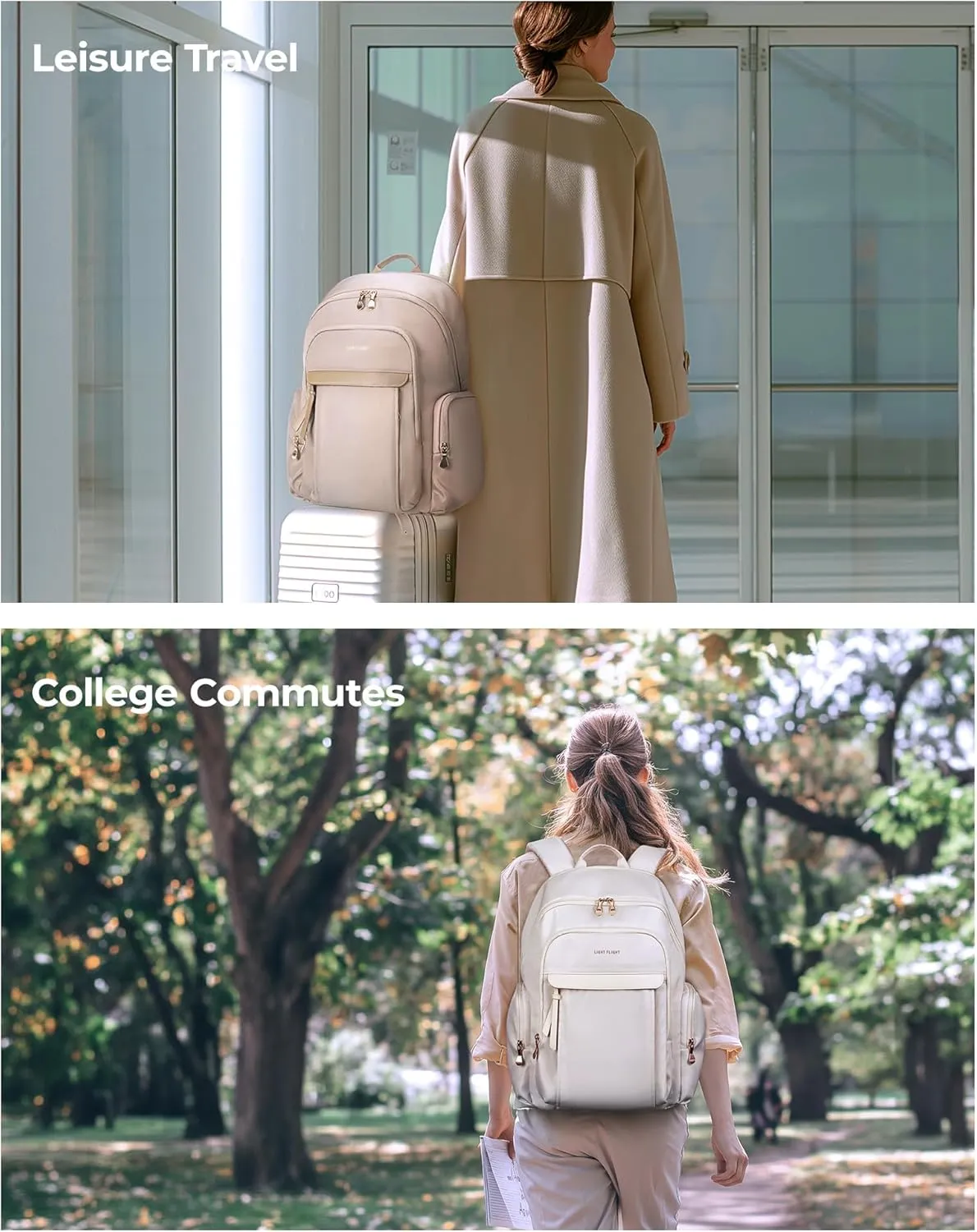 LIGHT FLIGHT Laptop Backpack for Women, 15.6 Inch Work Bag Business Backpack, Water Resistant Travel Bags Casual Daypacks for College, Large Backpacks for Travel, Champagne