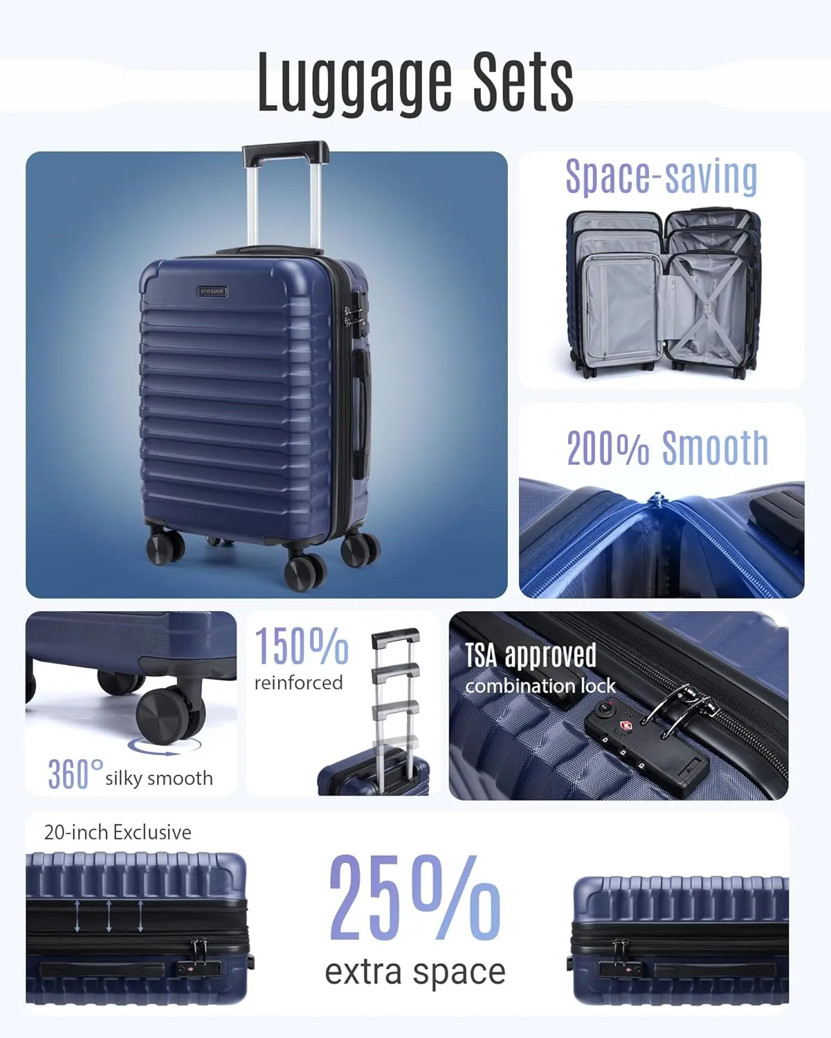 LIGHT FLIGHT Luggage Sets, 3 Piece Durable Suitcase Set with Spinner Wheels, 3 Pcs Hardside Lightweight luggage with TSA Lock, Large Checked Travel Suitcases, 20/24/28 Inch, Dark Blue