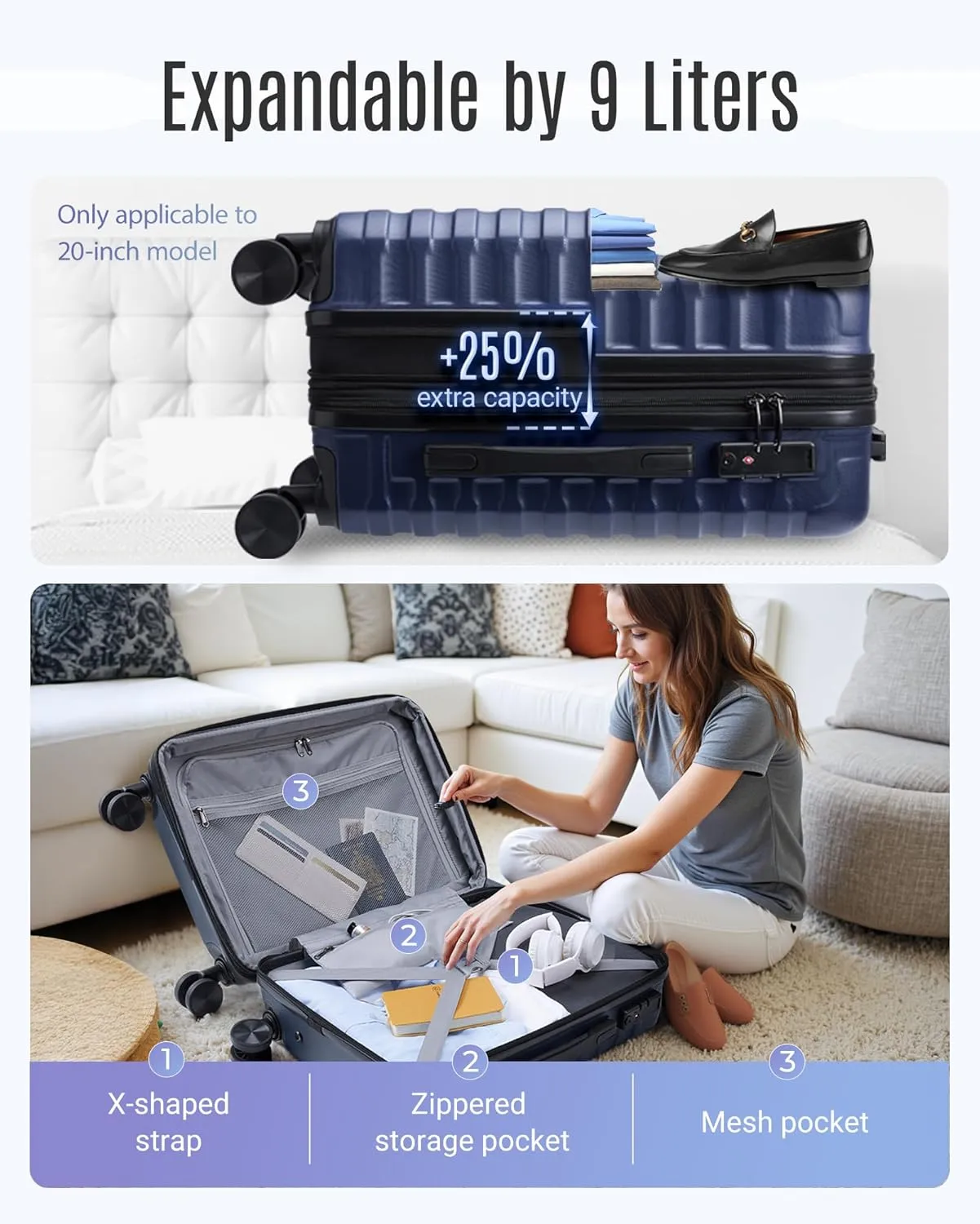LIGHT FLIGHT Luggage Sets, 3 Piece Durable Suitcase Set with Spinner Wheels, 3 Pcs Hardside Lightweight luggage with TSA Lock, Large Checked Travel Suitcases, 20/24/28 Inch, Dark Blue