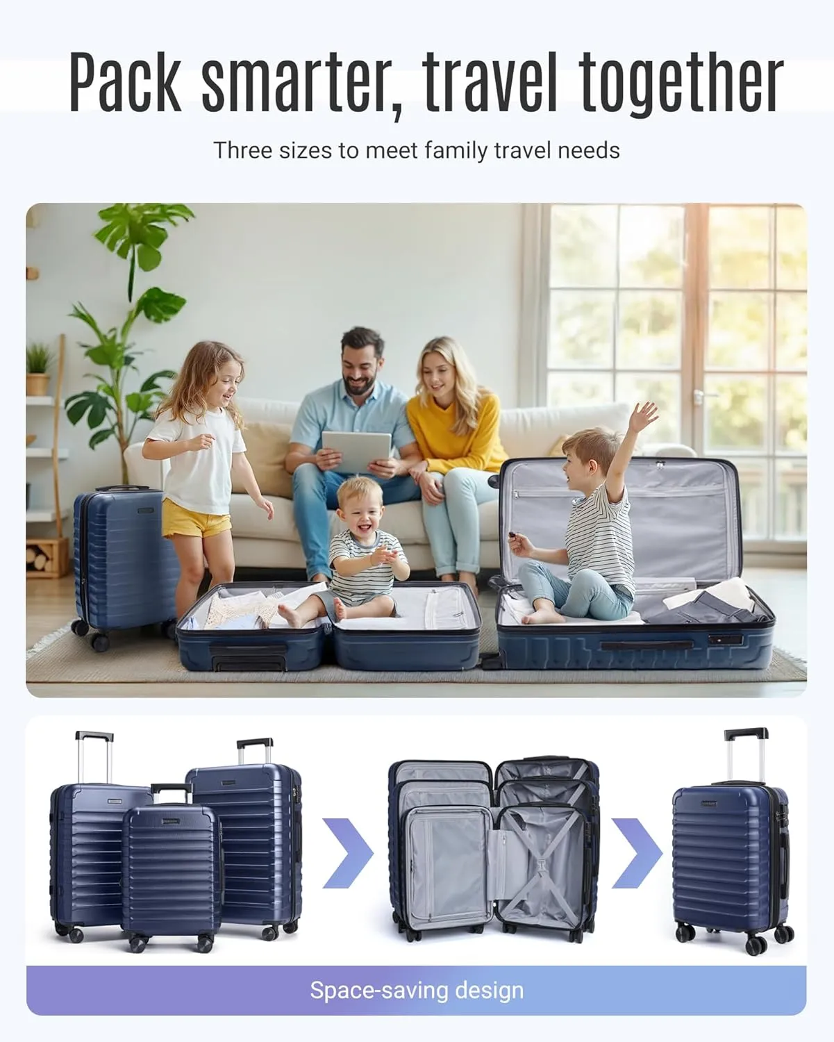 LIGHT FLIGHT Luggage Sets, 3 Piece Durable Suitcase Set with Spinner Wheels, 3 Pcs Hardside Lightweight luggage with TSA Lock, Large Checked Travel Suitcases, 20/24/28 Inch, Dark Blue