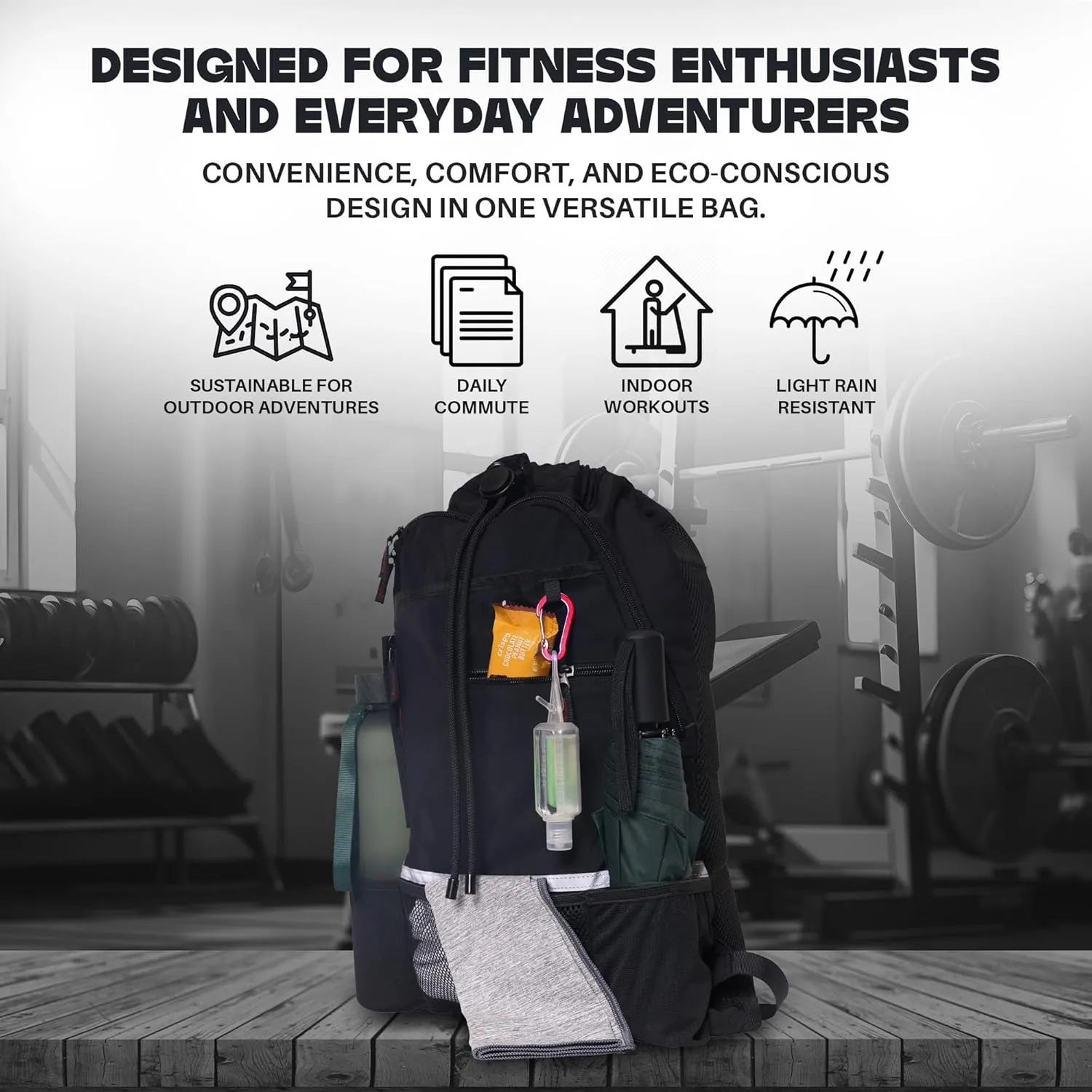 Light Gym Drawstring Backpack with Dual Water Bottle Pockets – 18L Eco-Friendly, Water-Resistant Hybrid Bag with Mesh Compartment & Reflective Details for Men & Women