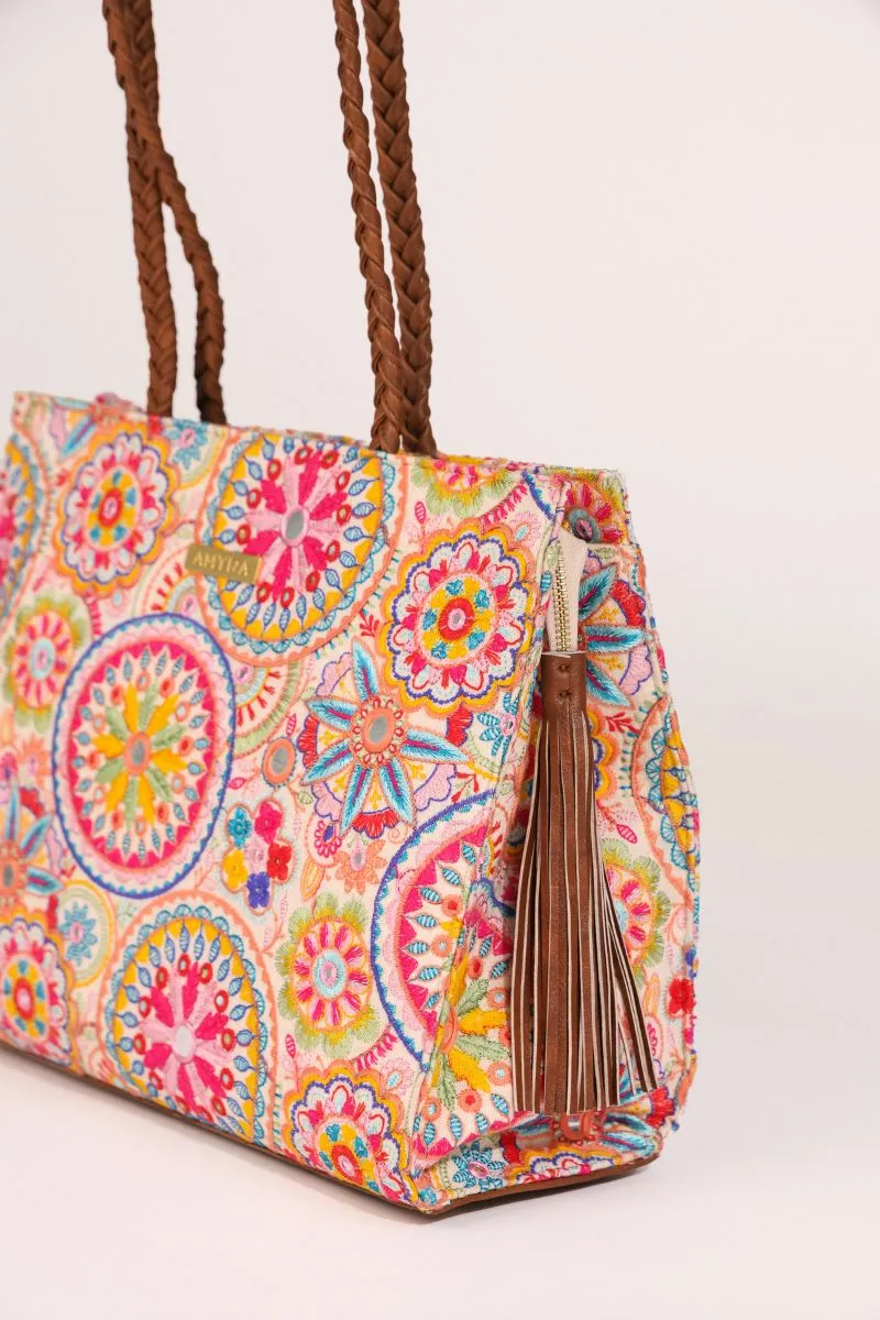Lily Embroidered Multicolor Box Tote Bag