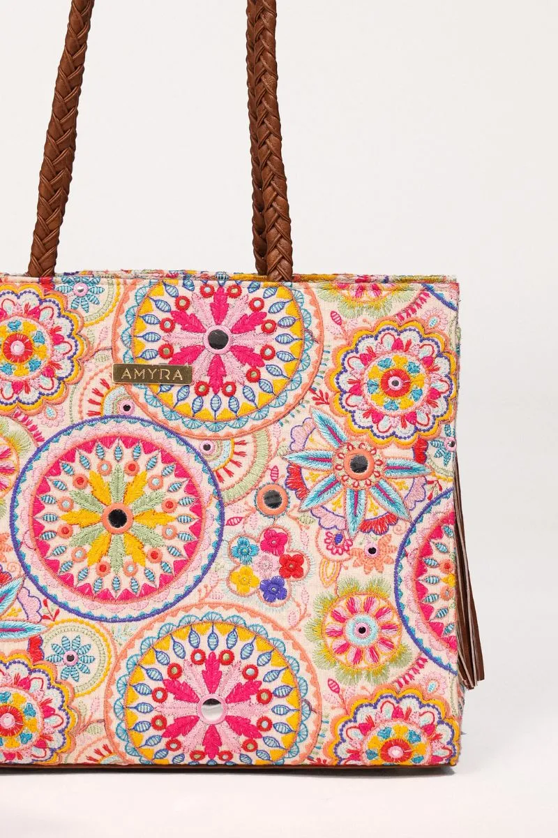 Lily Embroidered Multicolor Box Tote Bag