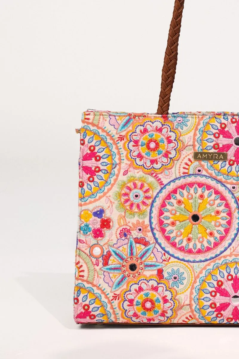 Lily Embroidered Multicolor Box Tote Bag