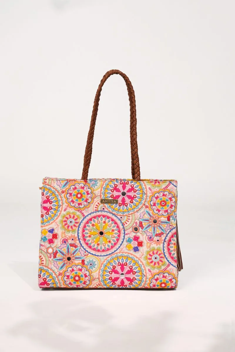 Lily Embroidered Multicolor Box Tote Bag