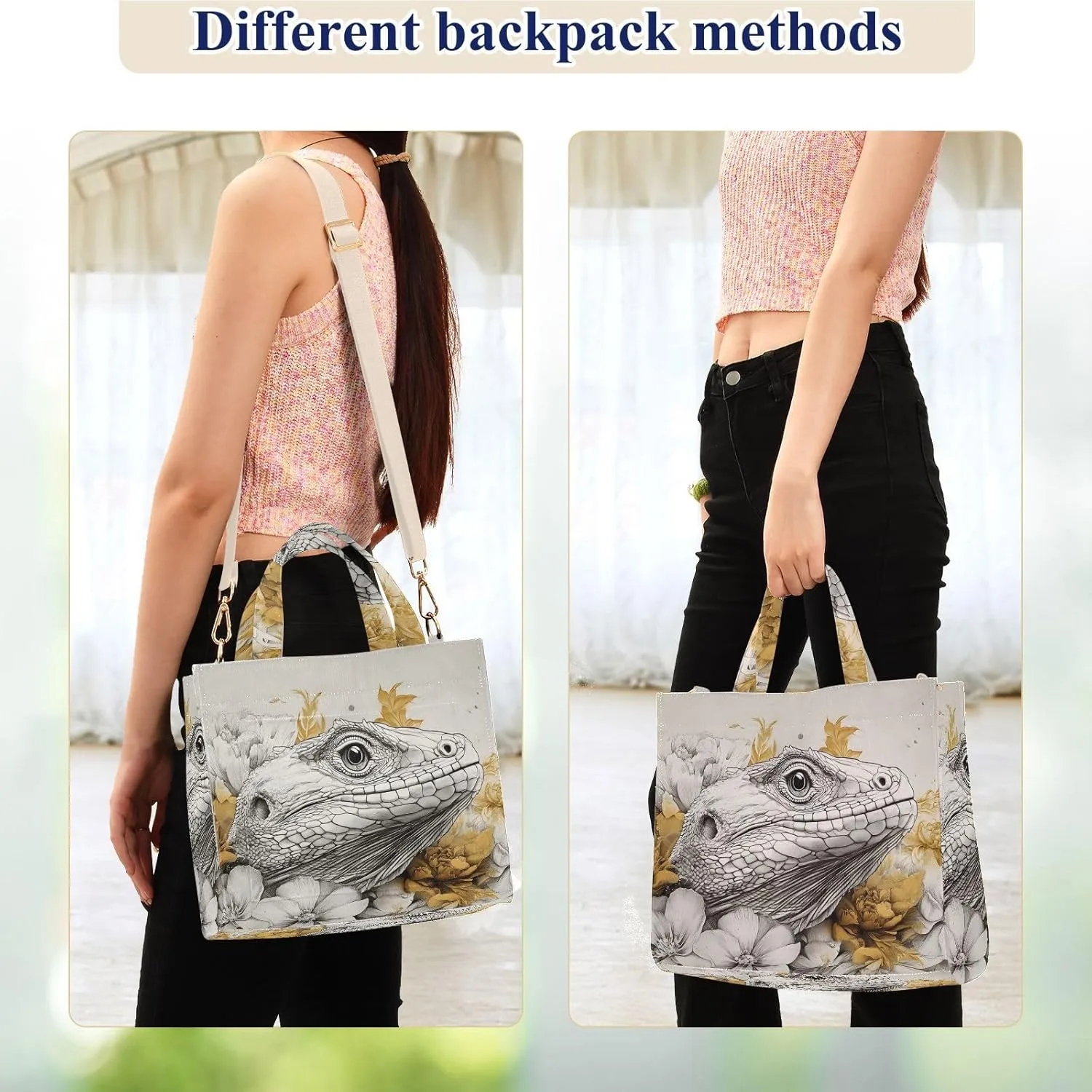 Lizard Flower Corduroy Tote Bag for Women Large Shoulder Bag with Pockets for Beach Work Travel Shopping S