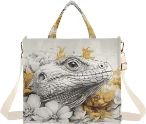 Lizard Flower Corduroy Tote Bag for Women Large Shoulder Bag with Pockets for Beach Work Travel Shopping S