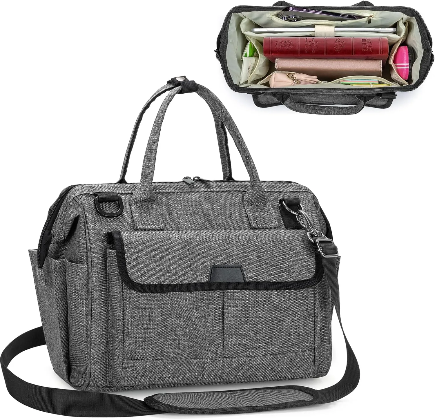 LoDrid Bible Bag Tote with Multiple Pockets for Bible Items, Bible Carrier with Steel Frame Top for Men & Women, Gray, Bag Only