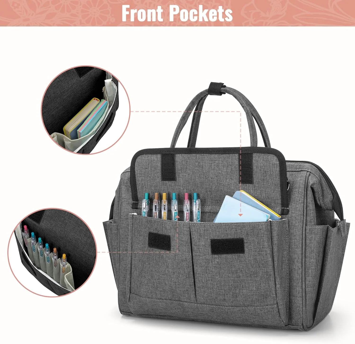 LoDrid Bible Bag Tote with Multiple Pockets for Bible Items, Bible Carrier with Steel Frame Top for Men & Women, Gray, Bag Only