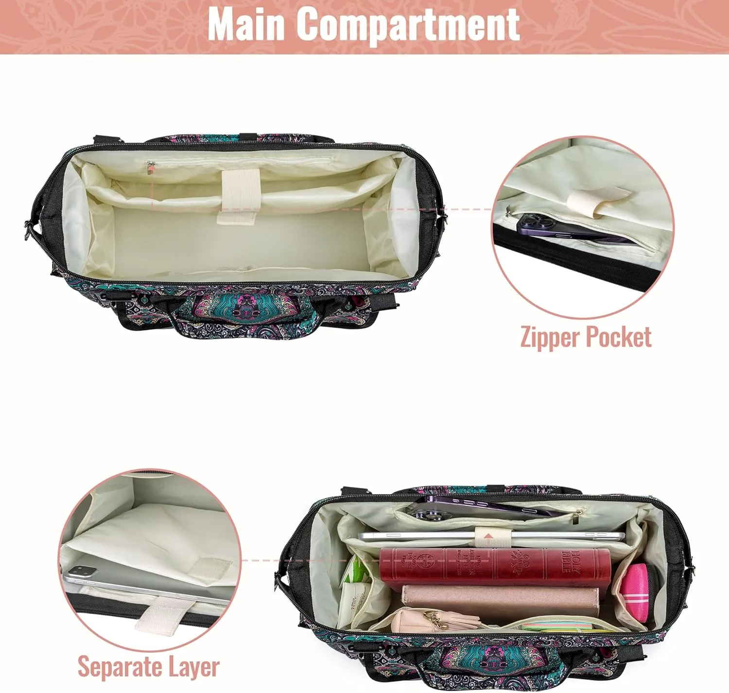 LoDrid Bible Bag Tote with Multiple Pockets for Bible Items, Bible Carrier with Steel Frame Top for Men & Women, Totem, Bag Only