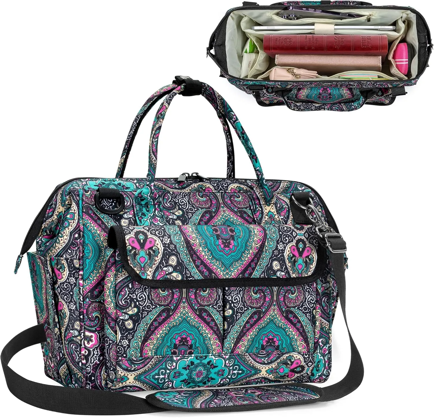LoDrid Bible Bag Tote with Multiple Pockets for Bible Items, Bible Carrier with Steel Frame Top for Men & Women, Totem, Bag Only