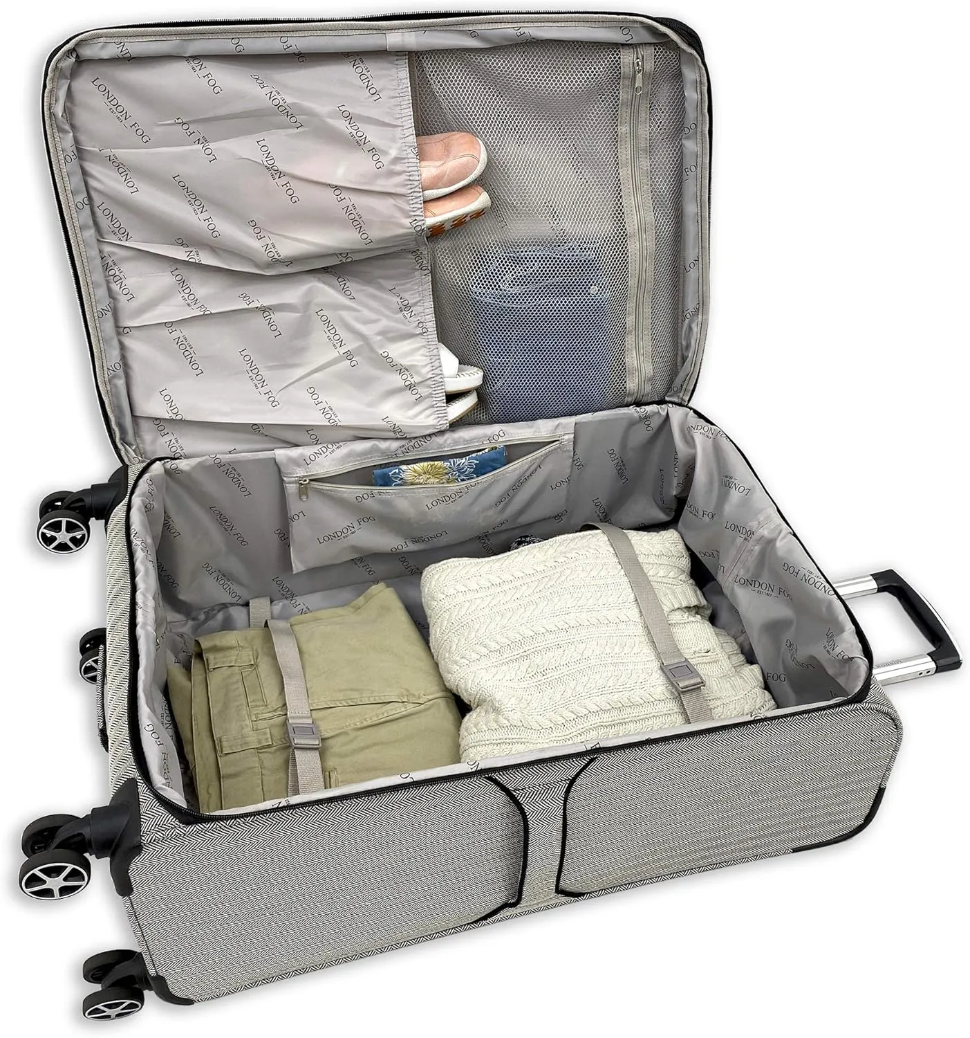 London Fog Newcastle Softside Expandable Spinner Luggage, Black White Herringbone, 4 Piece Set