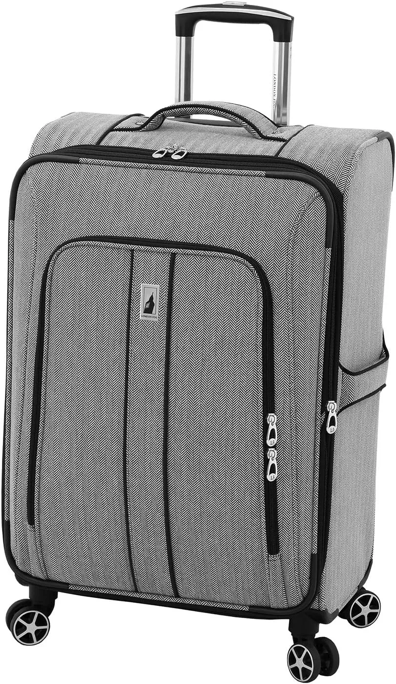 London Fog Newcastle Softside Expandable Spinner Luggage, Black White Herringbone, 4 Piece Set