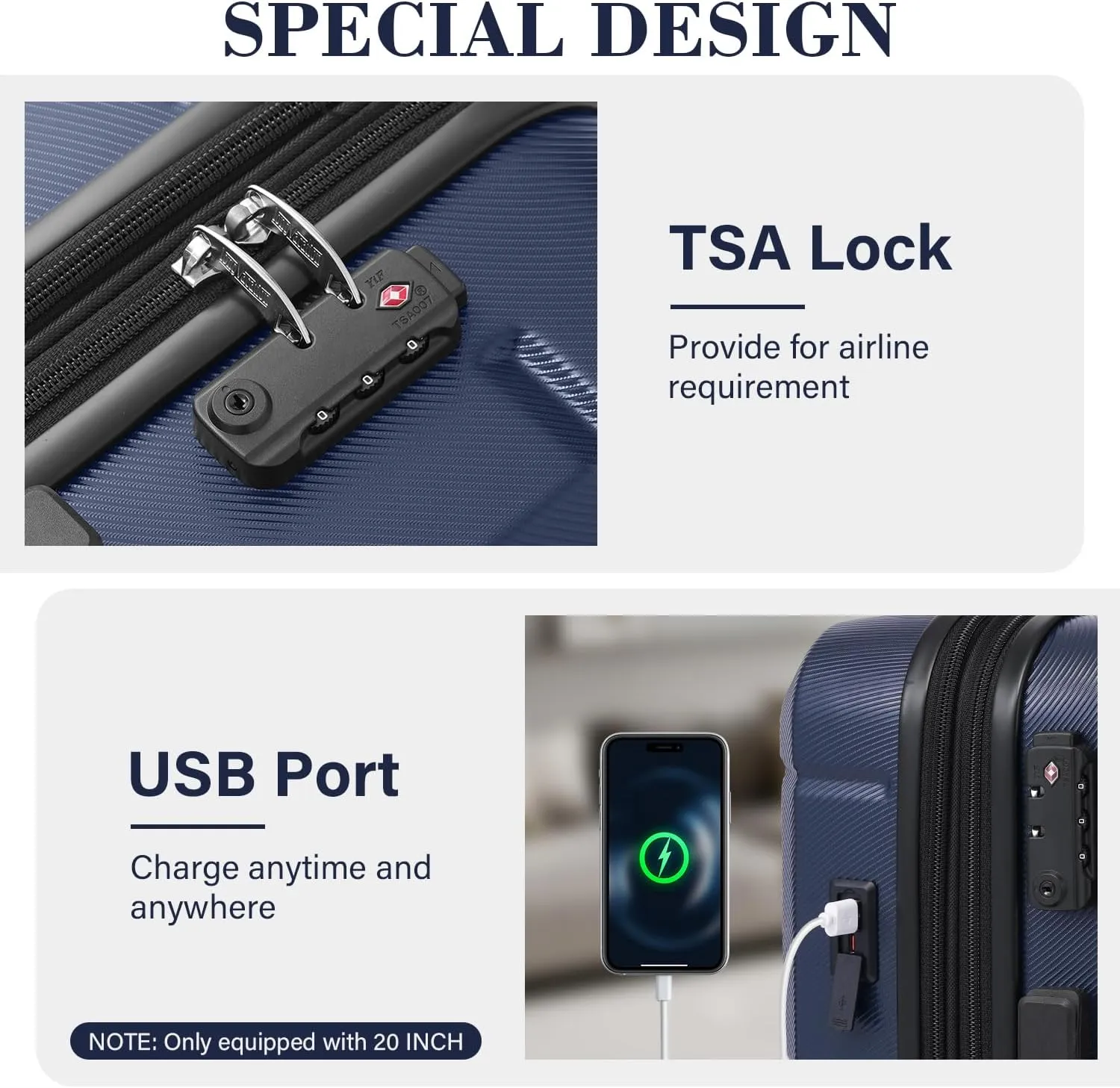 LONG VACATION Hardside Expandable Carry On Luggage, Suitcase with Spinner Wheels TSA Lock, Luggage with USB Port (Blue, 20 INCH)