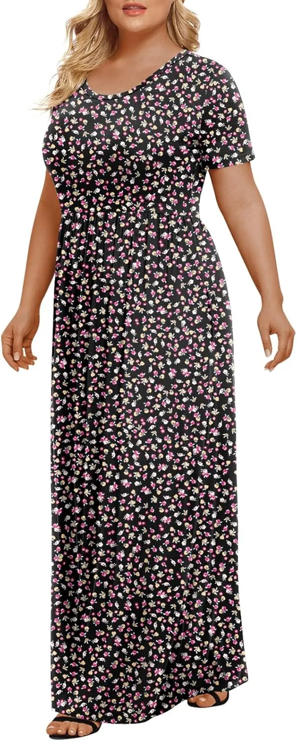 LONGYUAN Women's Plus Size Maxi Dresses for Curvy Women Summer Short Sleeve Casual 2025 Long Dress XL-6XL