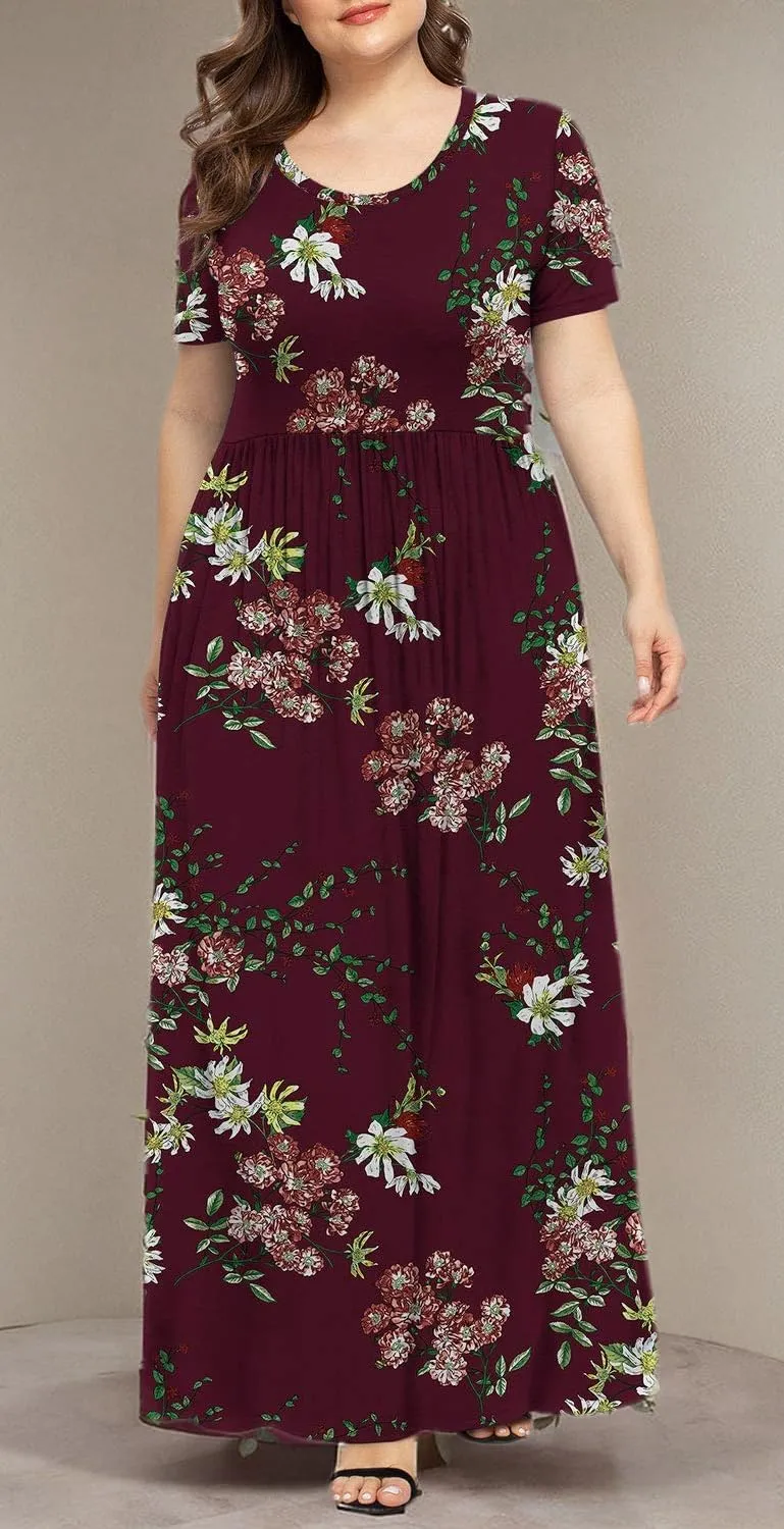 LONGYUAN Women's Plus Size Maxi Dresses for Curvy Women Summer Short Sleeve Casual 2025 Long Dress XL-6XL