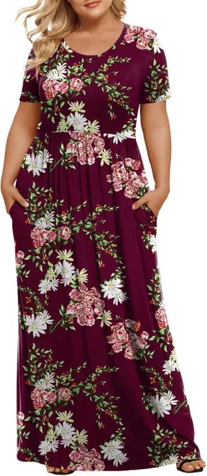 LONGYUAN Women's Plus Size Maxi Dresses for Curvy Women Summer Short Sleeve Casual 2025 Long Dress XL-6XL