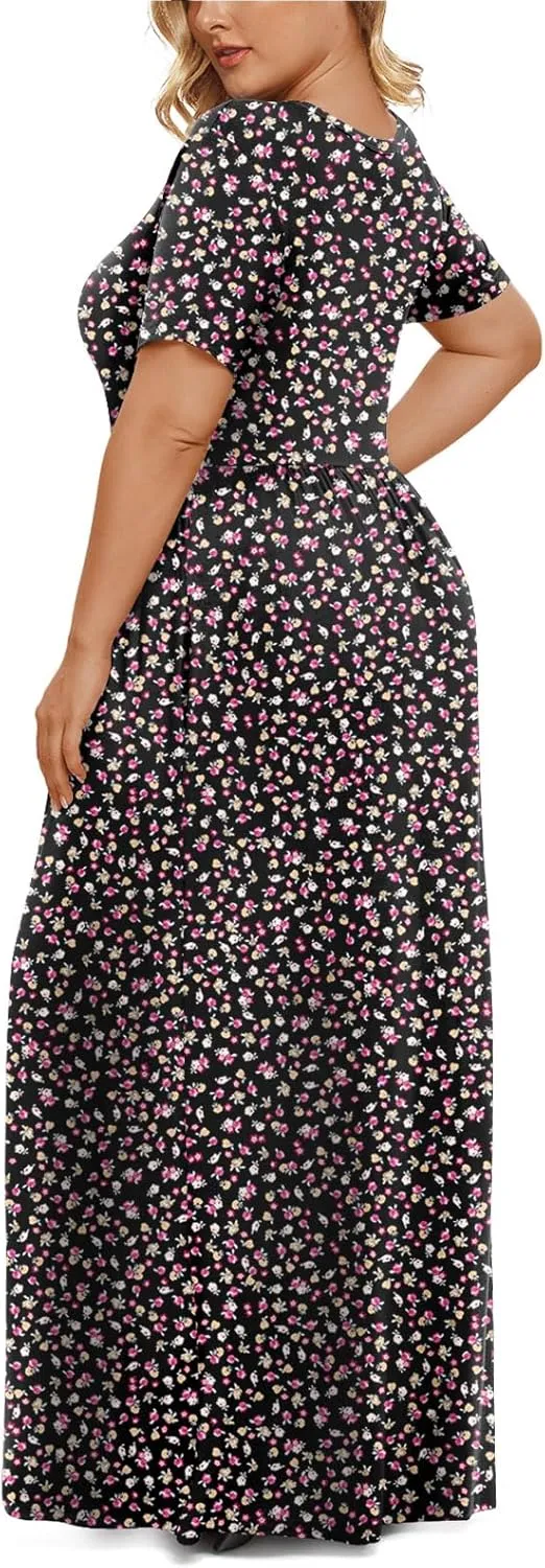 LONGYUAN Women's Plus Size Maxi Dresses for Curvy Women Summer Short Sleeve Casual 2025 Long Dress XL-6XL
