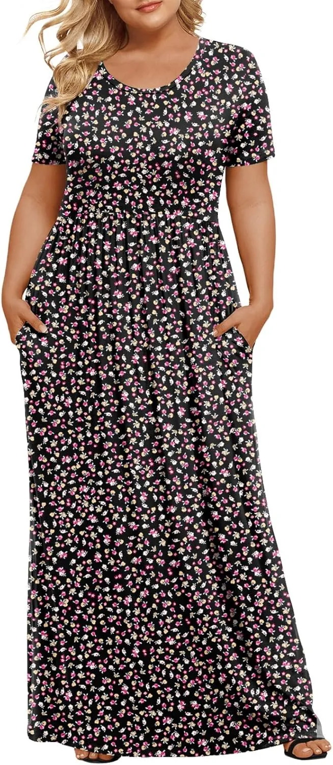 LONGYUAN Women's Plus Size Maxi Dresses for Curvy Women Summer Short Sleeve Casual 2025 Long Dress XL-6XL
