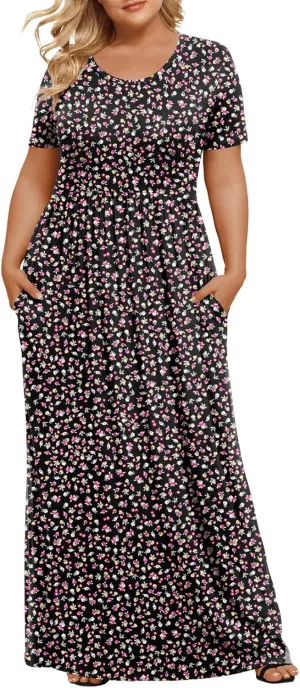 LONGYUAN Women's Plus Size Maxi Dresses for Curvy Women Summer Short Sleeve Casual 2025 Long Dress XL-6XL