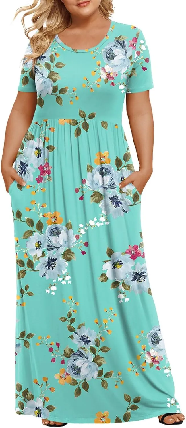 LONGYUAN Women's Plus Size Maxi Dresses for Curvy Women Summer Short Sleeve Casual 2025 Long Dress XL-6XL