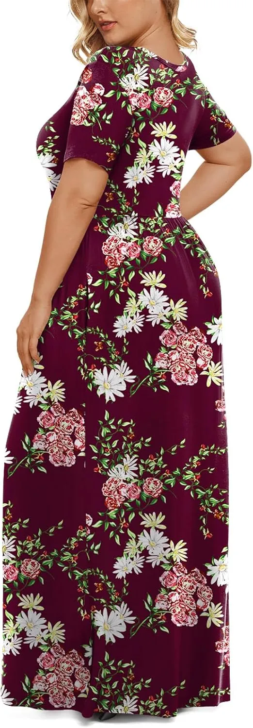 LONGYUAN Women's Plus Size Maxi Dresses for Curvy Women Summer Short Sleeve Casual 2025 Long Dress XL-6XL