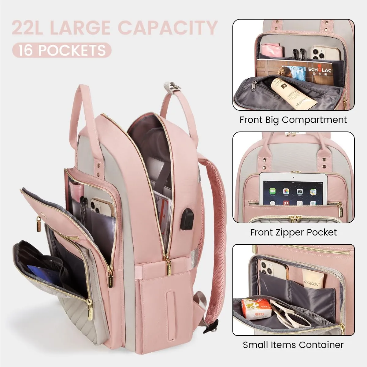 LOVEVOOK Laptop Backpack for Women, Water Resistant Travel Work Backpacks Purse Stylish Business Teacher Nurse Computer Bag with USB Charging Port, Fits 15.6" Laptop