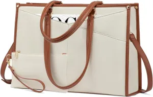 LOVEVOOK Laptop Bag for Women, 15.6 inch Laptop Tote Work Bag Cancas Casual Handbag for Travel Lightweight Shoulder Bags, Brown Beige