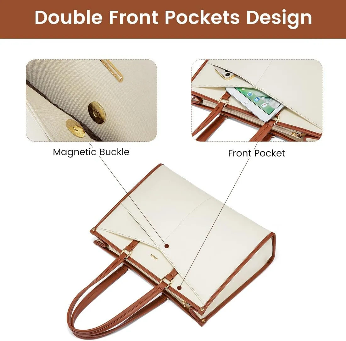 LOVEVOOK Laptop Bag for Women, 15.6 inch Laptop Tote Work Bag Cancas Casual Handbag for Travel Lightweight Shoulder Bags, Brown Beige